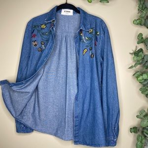 Embroidered Denim Button-Up